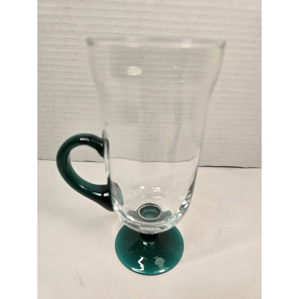 Pier‎ 1 Pedestal Irish Coffee Mug Handblown Clear With Green Handle & Base